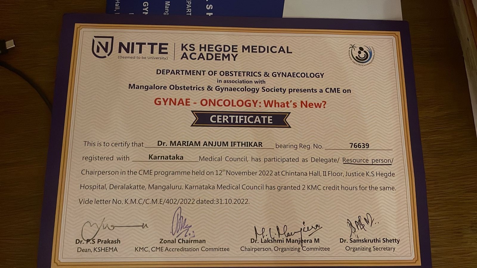 Dr. Mariam Anjum — KS Hegde Medical Academy — Certificate